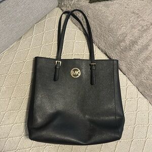 Michael Kors Black Leather Tote with Gold Medallion